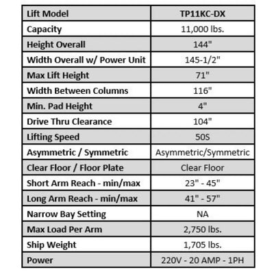 Valor VP11KC-DX 11,000 lb 2 Post Clear Floor