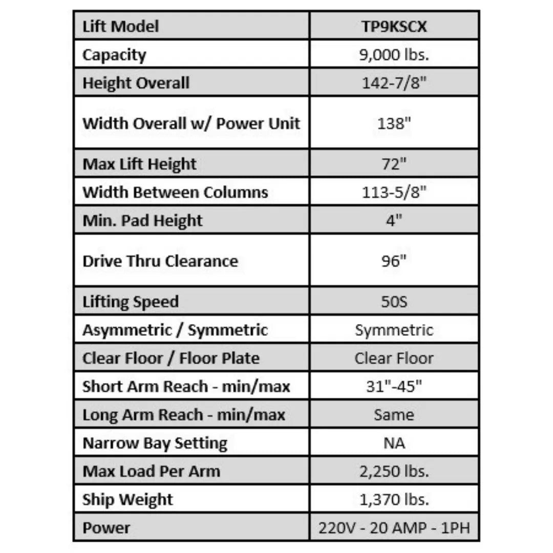 Valor VP9KSCX 9,000 lb 2 Post Clear Floor - Symmetric