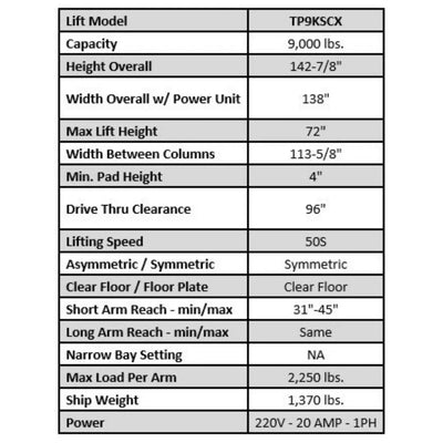 Valor VP9KSCX 9,000 lb 2 Post Clear Floor - Symmetric