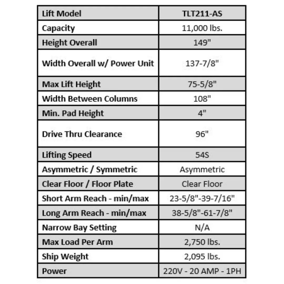 Launch Tech USA – TLT211-AS 11,000 lb 2 Post Clear Floor