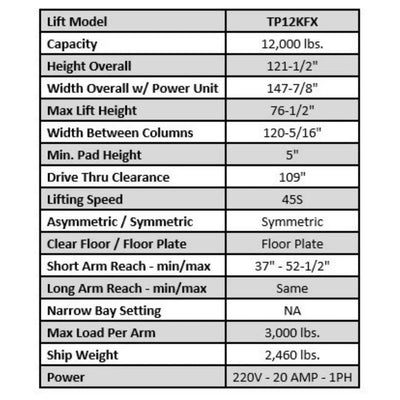 Tuxedo TP12KFX 12,000 lb 2 Post Floor Plate Lift