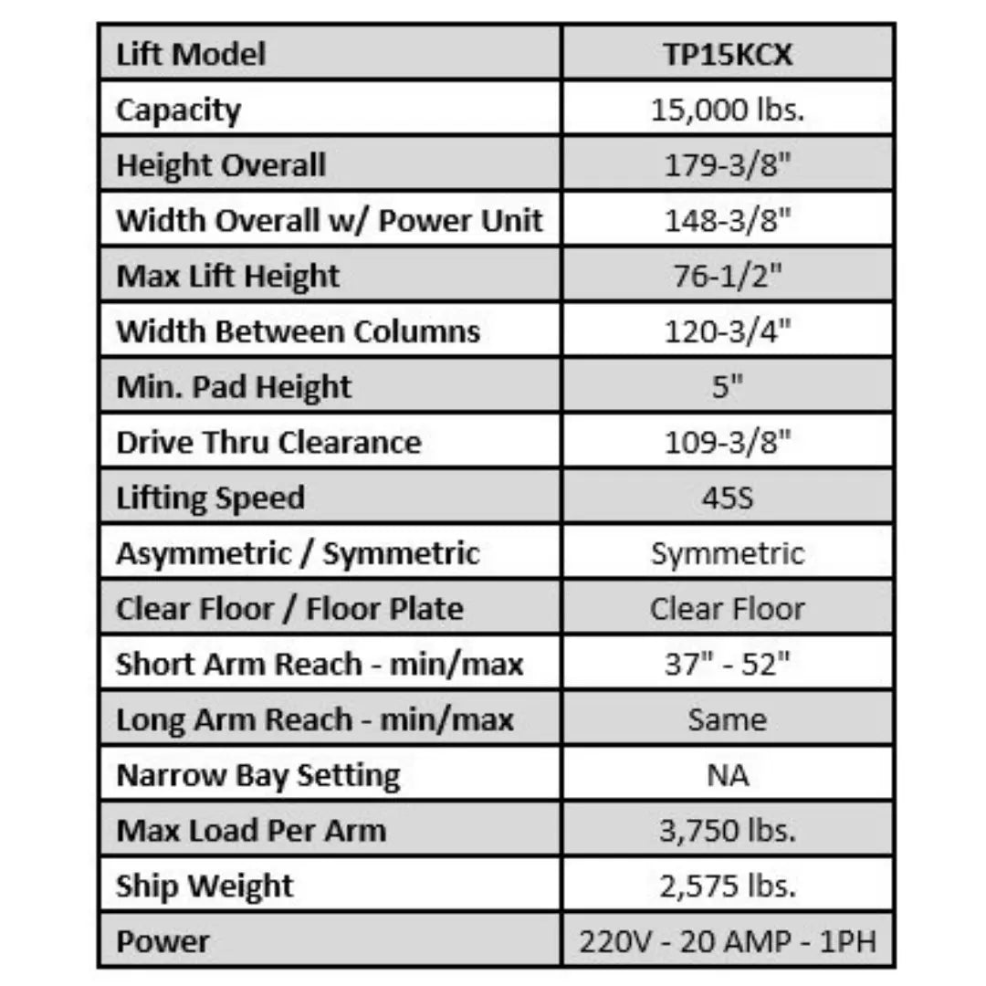 Tuxedo TP15KCX 15,000 lb Heavy Duty 2 Post Lift