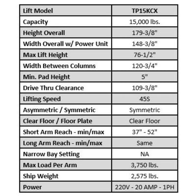 Tuxedo TP15KCX 15,000 lb Heavy Duty 2 Post Lift