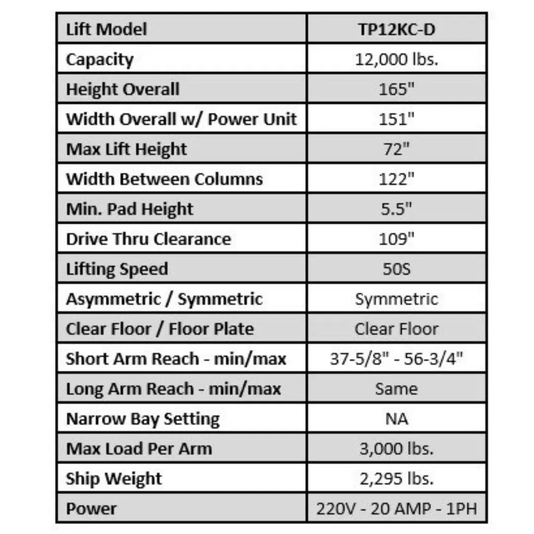 Tuxedo TP12KC-D 12,000 lb 2 Post Lift - Direct Drive