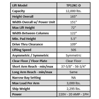 Tuxedo TP12KC-D 12,000 lb 2 Post Lift - Direct Drive