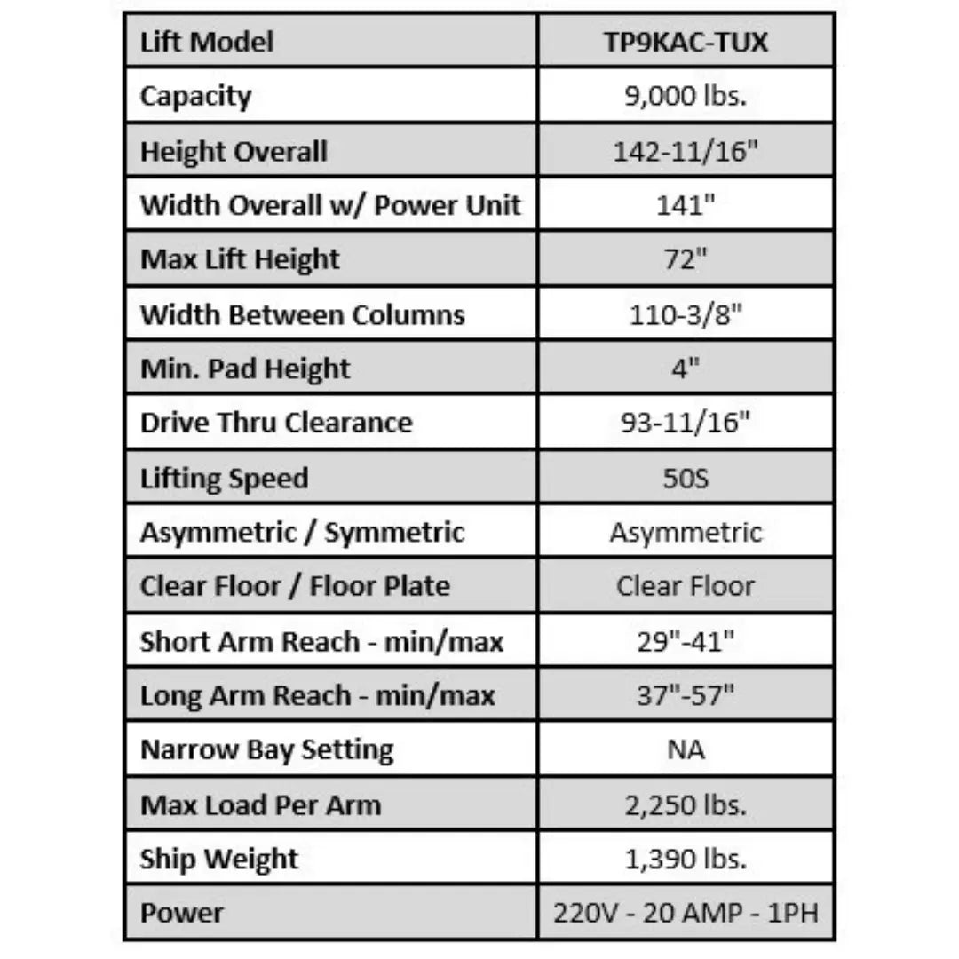 Valor - VP9KAC-TUX 9,000 lb 2 Post Clear Floor - Asymmetric