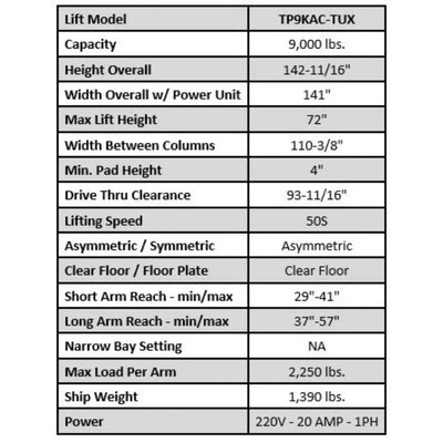 Valor - VP9KAC-TUX 9,000 lb 2 Post Clear Floor - Asymmetric