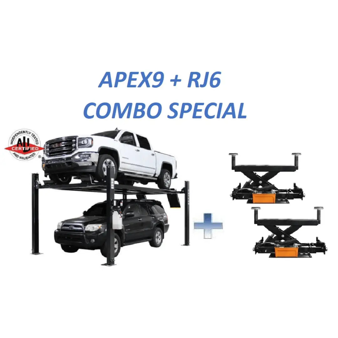 Atlas ALI Certified APEX9 4-Post Lift + RJ6 Rolling Bridge Jack Combo
