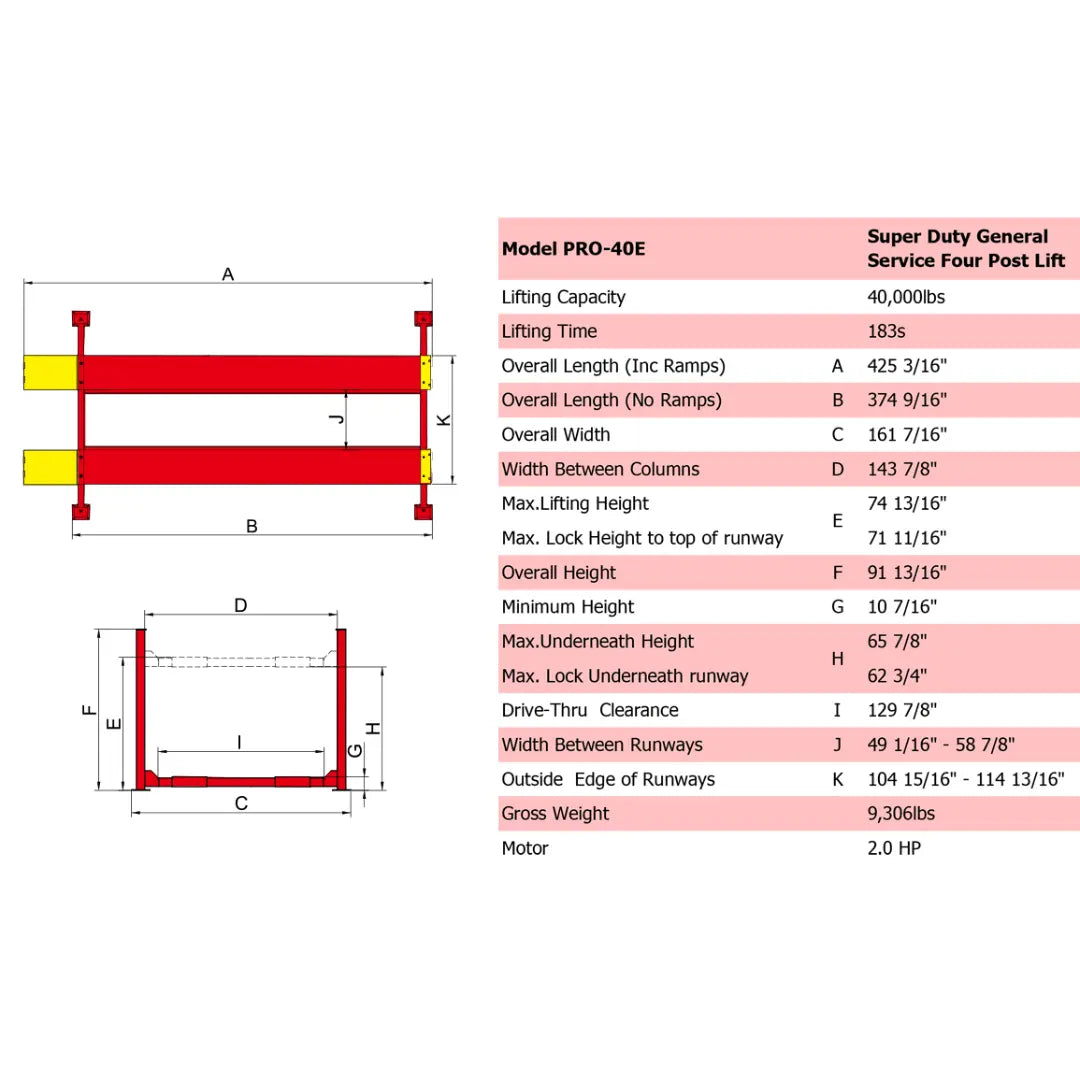 Amgo PRO-40E (Extra Length) 40,000 lb 4 Post Lift